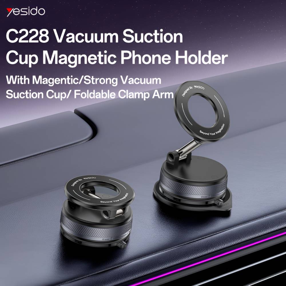 YESIDO VACUUM MAGNET 360 Rotating Vacuum Cup Phone Holder, Double-axis Folding Design (Black) (C228)