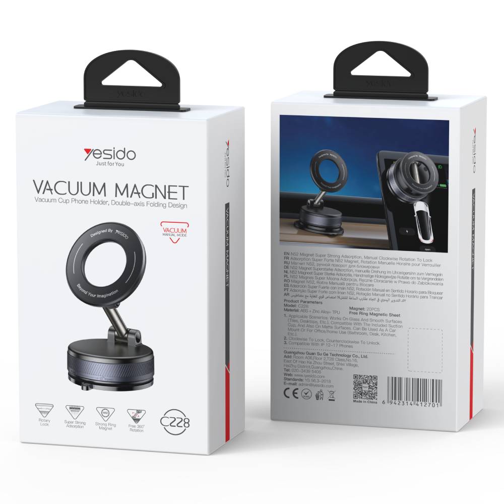 YESIDO VACUUM MAGNET 360 Rotating Vacuum Cup Phone Holder, Double-axis Folding Design (Black) (C228)