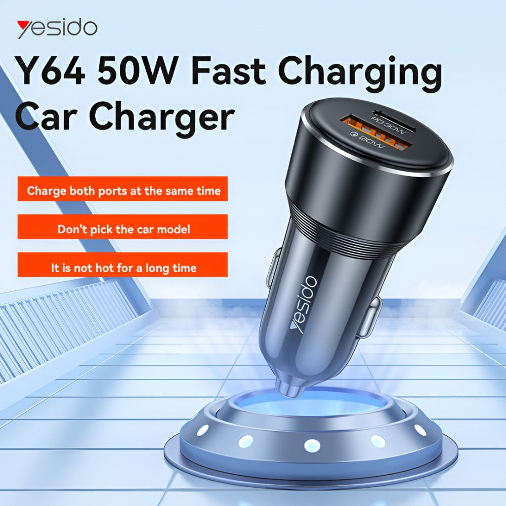 YESIDO SUPER FAST USB-C 30W Fast Charging, USB-A 20W PPS Protocol (Black) (Y64)