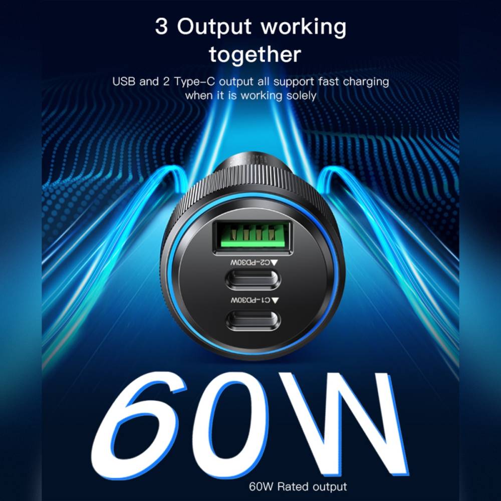 YESIDO 60W Dual USB-C PD Super Fast Charging USB-A 3.0 Car Charger Aluminum Alloy (Black) (Y50)