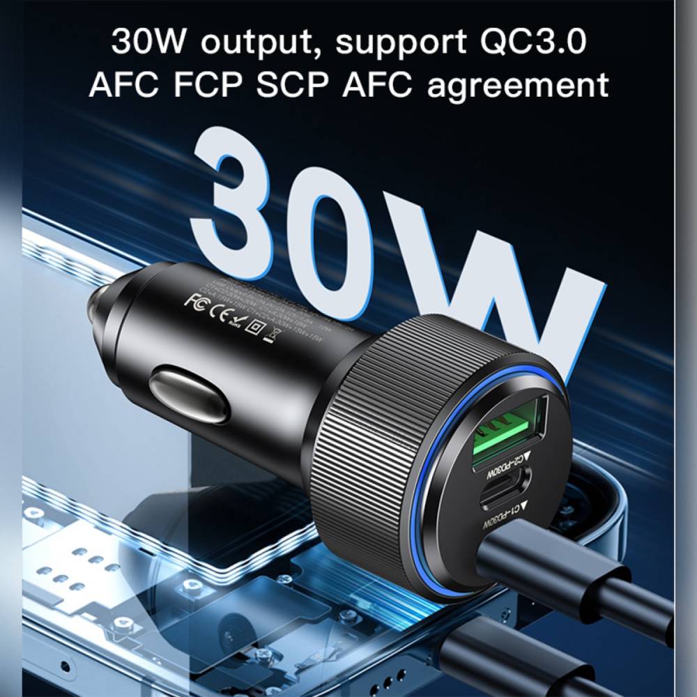 YESIDO 60W Dual USB-C PD Super Fast Charging USB-A 3.0 Car Charger Aluminum Alloy (Black) (Y50)