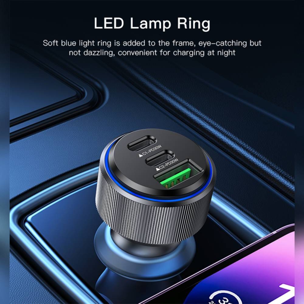 YESIDO 60W Dual USB-C PD Super Fast Charging USB-A 3.0 Car Charger Aluminum Alloy (Black) (Y50)