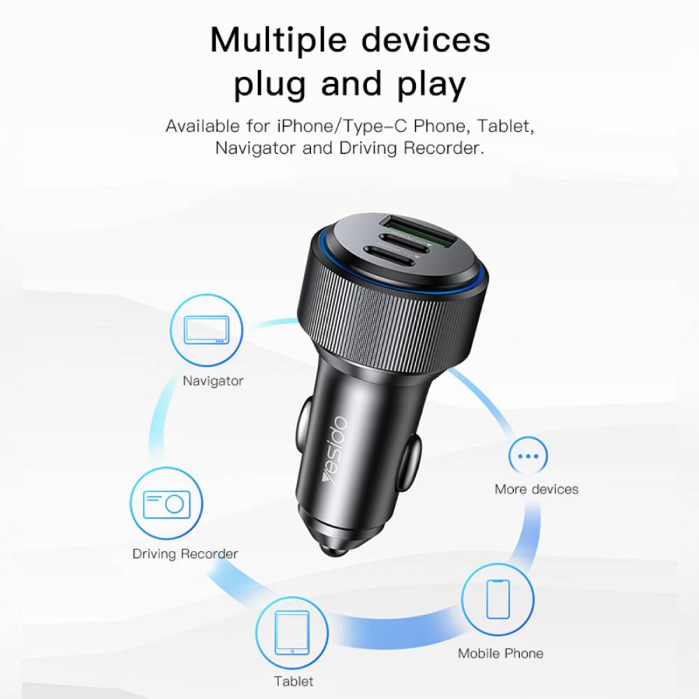 YESIDO 60W Dual USB-C PD Super Fast Charging USB-A 3.0 Car Charger Aluminum Alloy (Black) (Y50)