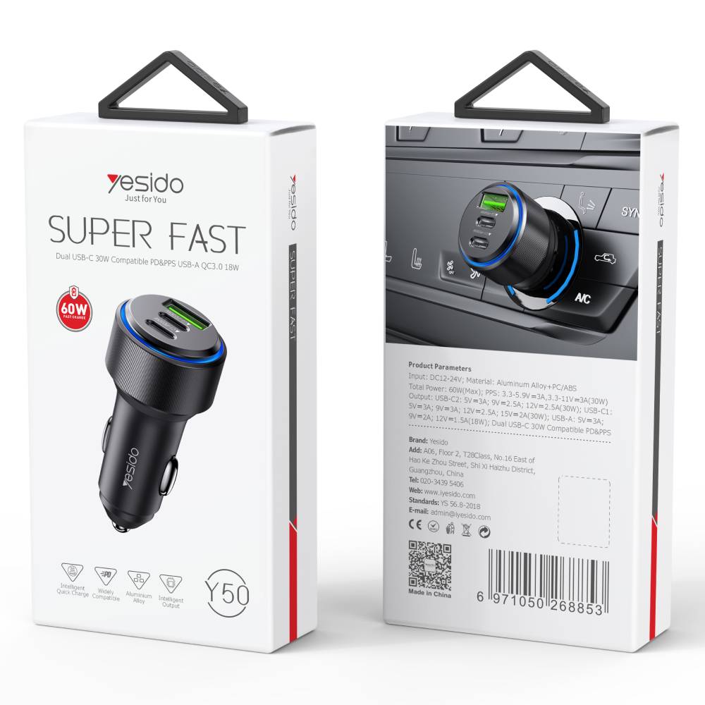 YESIDO 60W Dual USB-C PD Super Fast Charging USB-A 3.0 Car Charger Aluminum Alloy (Black) (Y50)
