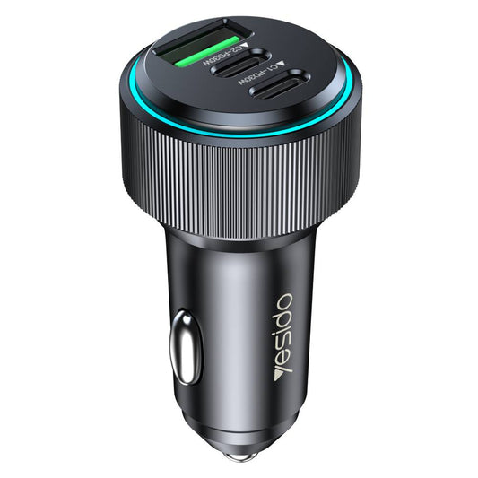 YESIDO 60W Dual USB-C PD Super Fast Charging USB-A 3.0 Car Charger Aluminum Alloy (Black) (Y50)