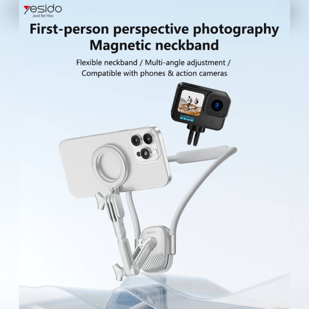 YESIDO MAGNETIC NECK MOUNT Action Cameras & Phones Neck Holder For POV/ Vlog Selfie Recording (Grey) (C332)