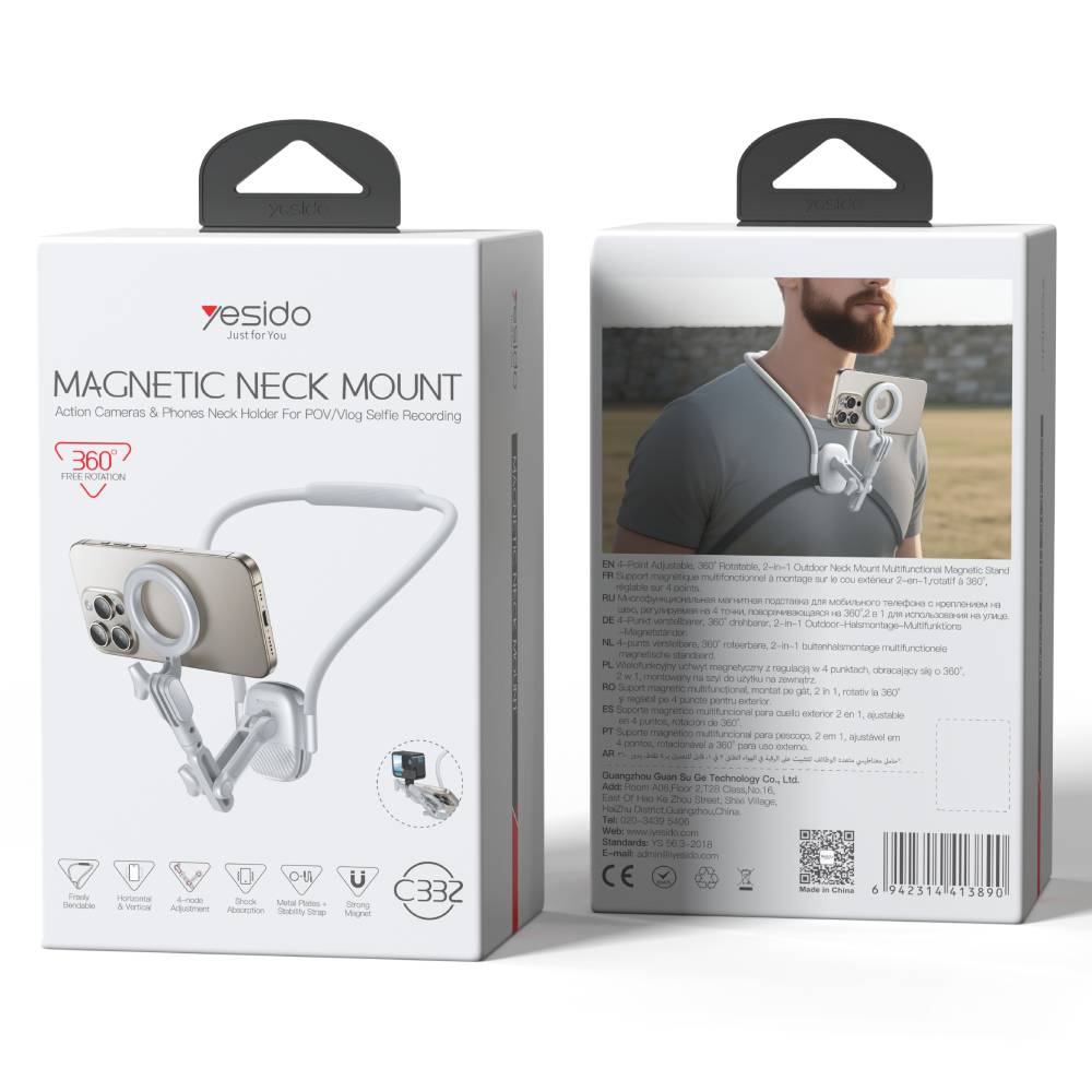 YESIDO MAGNETIC NECK MOUNT Action Cameras & Phones Neck Holder For POV/ Vlog Selfie Recording (Grey) (C332)