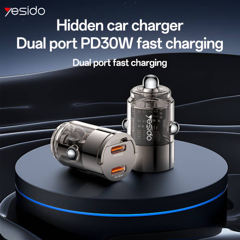 YESIDO SUPER FAST Dual USB-C PD30W Mini Zinc Alloy Car Charger (Black) (Y69)