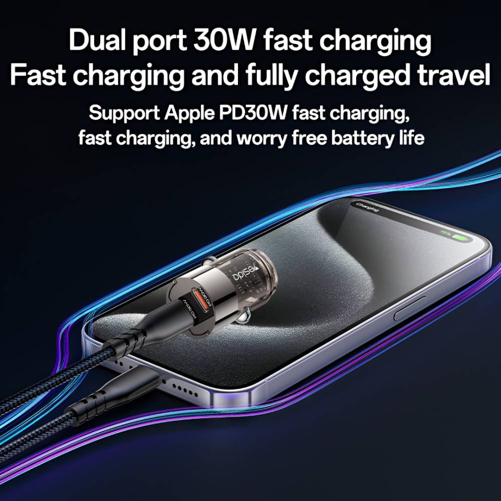 YESIDO SUPER FAST Dual USB-C PD30W Mini Zinc Alloy Car Charger (Black) (Y69)