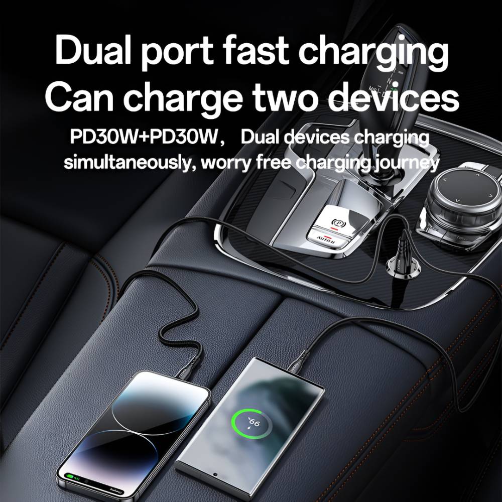 YESIDO SUPER FAST Dual USB-C PD30W Mini Zinc Alloy Car Charger (Black) (Y69)