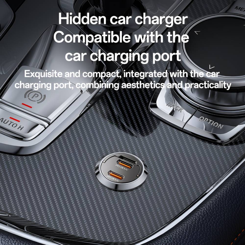 YESIDO SUPER FAST Dual USB-C PD30W Mini Zinc Alloy Car Charger (Black) (Y69)