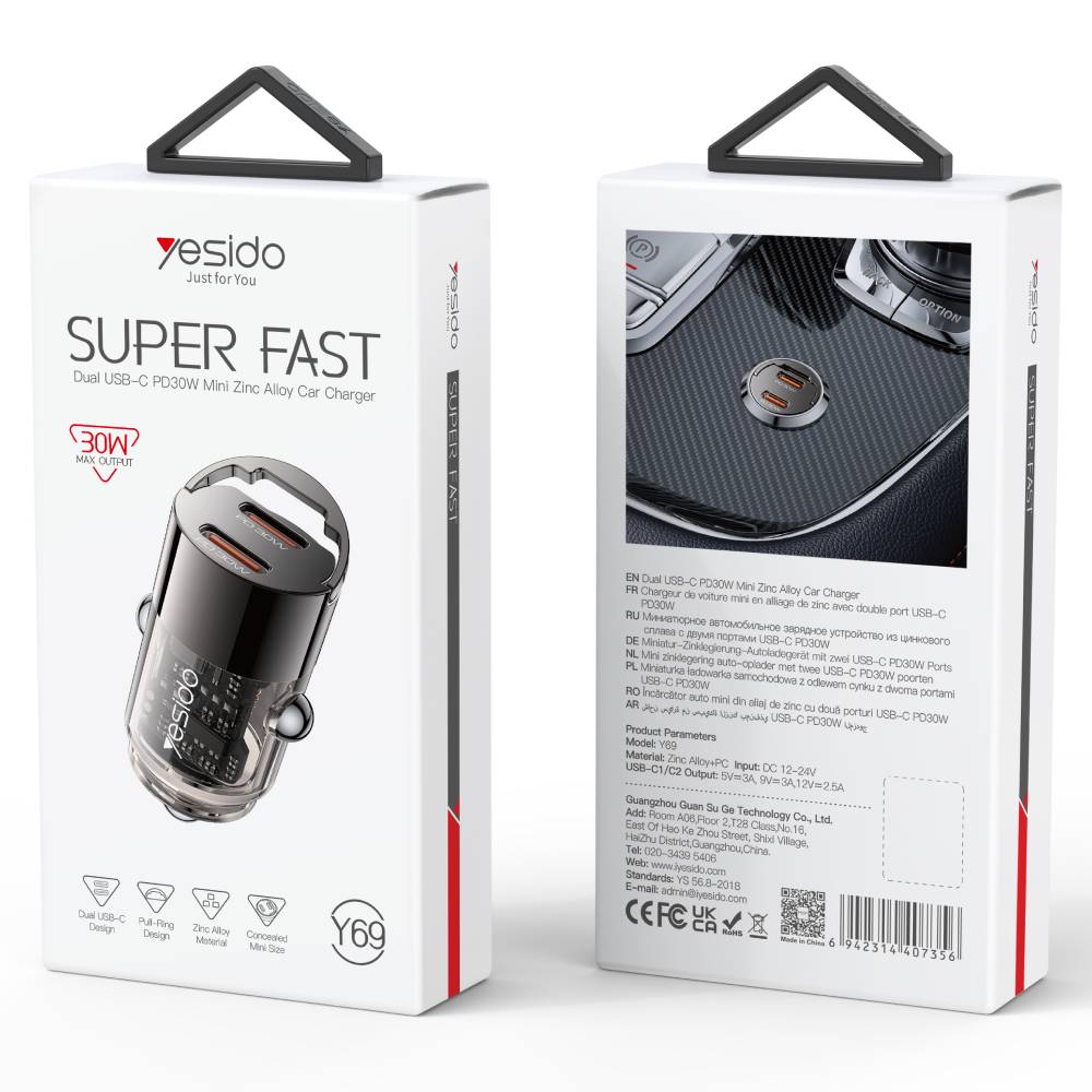 YESIDO SUPER FAST Dual USB-C PD30W Mini Zinc Alloy Car Charger (Black) (Y69)