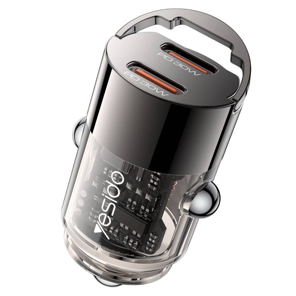 YESIDO SUPER FAST Dual USB-C PD30W Mini Zinc Alloy Car Charger (Black) (Y69)